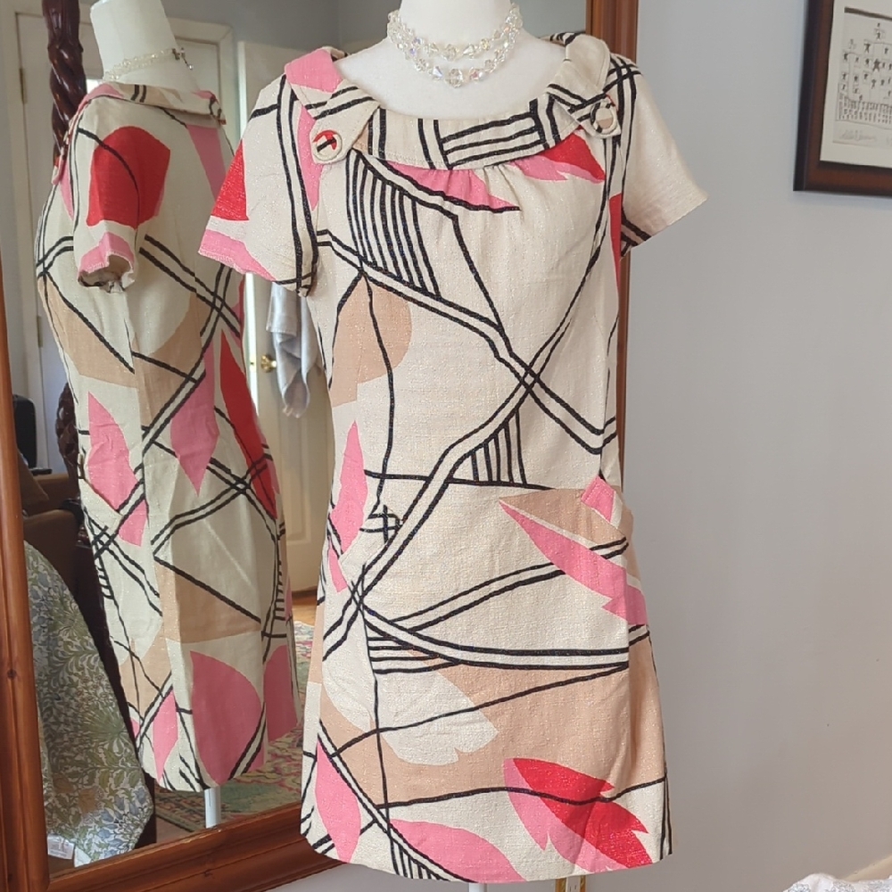 RARE VINTAGE Alberto Makali Cream and Pink Geometric MOD Dress